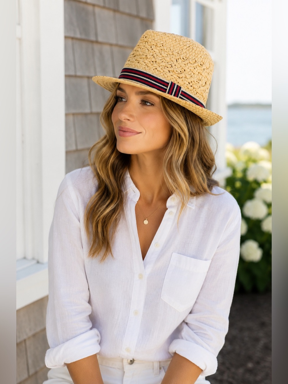 Something Special Woven Straw Fedora Hat | Red Navy Stripe Ribbon